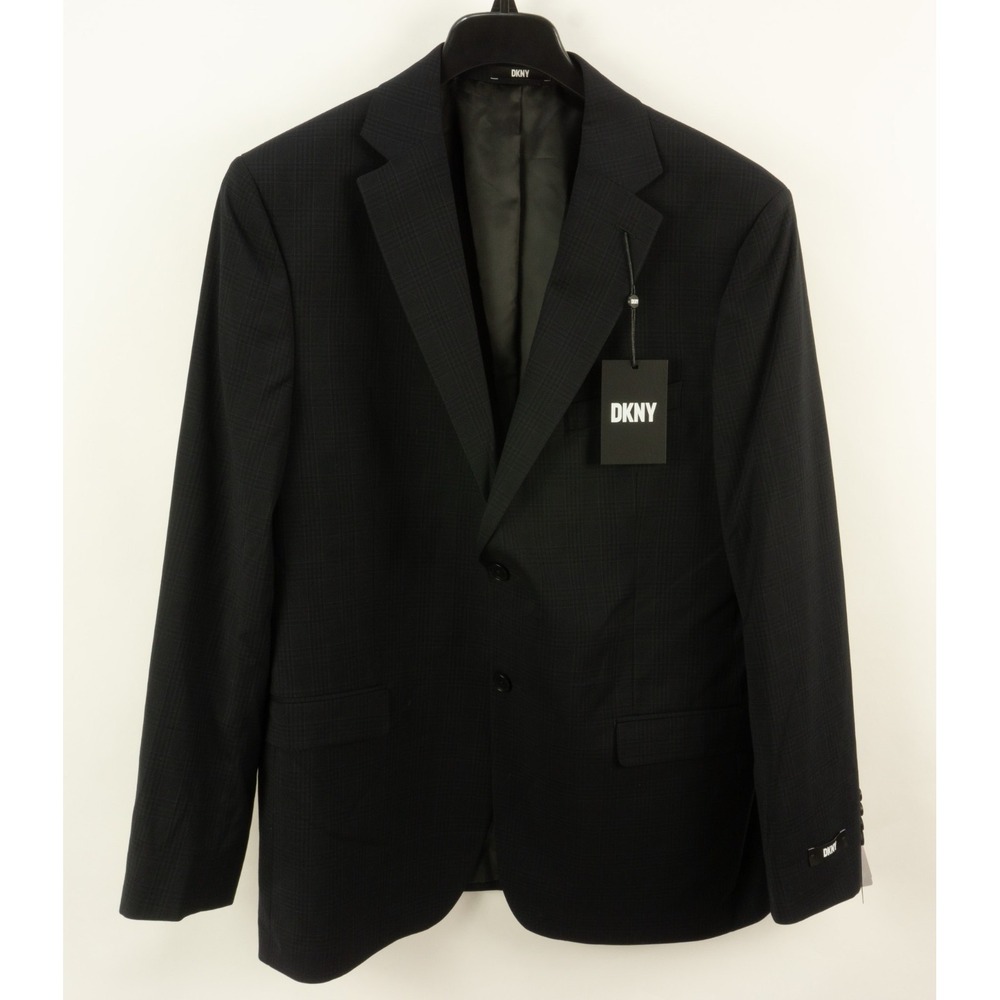 $360 DKNY Duran Performance Men's Modern-Fit Stretch Suit Jacket Black Plaid 46R